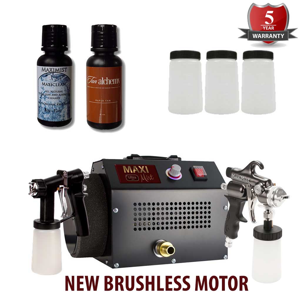 Maximist New Elite Ultra Brushless Spray Tanning System spray gun with bottles and solution, featuring a 5-year warranty.