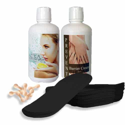 Spray Tanning Starter Pack - 8 oz Barrier, 8 oz Prep, 25 Pair Black Foot Pads, 12 Nose Filters