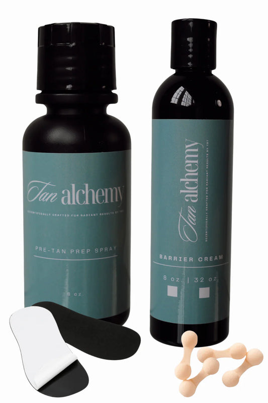 Spray Tanning Starter Pack - 8 oz Barrier, 8 oz Prep, 25 Pair Black Foot Pads, 12 Nose Filters